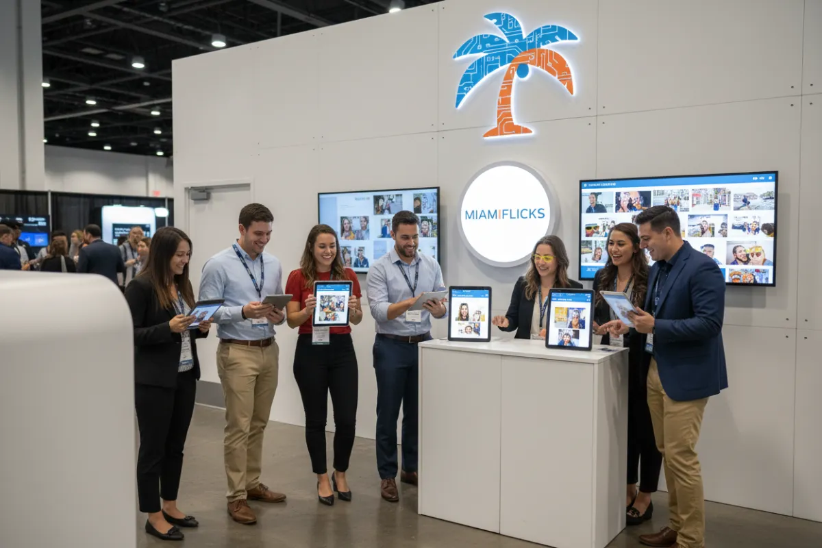 A MiamiFlicks booth at a tech conference, with a group of young professionals sharing branded digital photos on tablets, the booth featuring a custom Miami tech company logo, 3:2 aspect ratio.