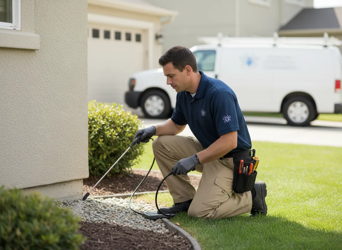 Smiling pest control technician speaking with homeowner