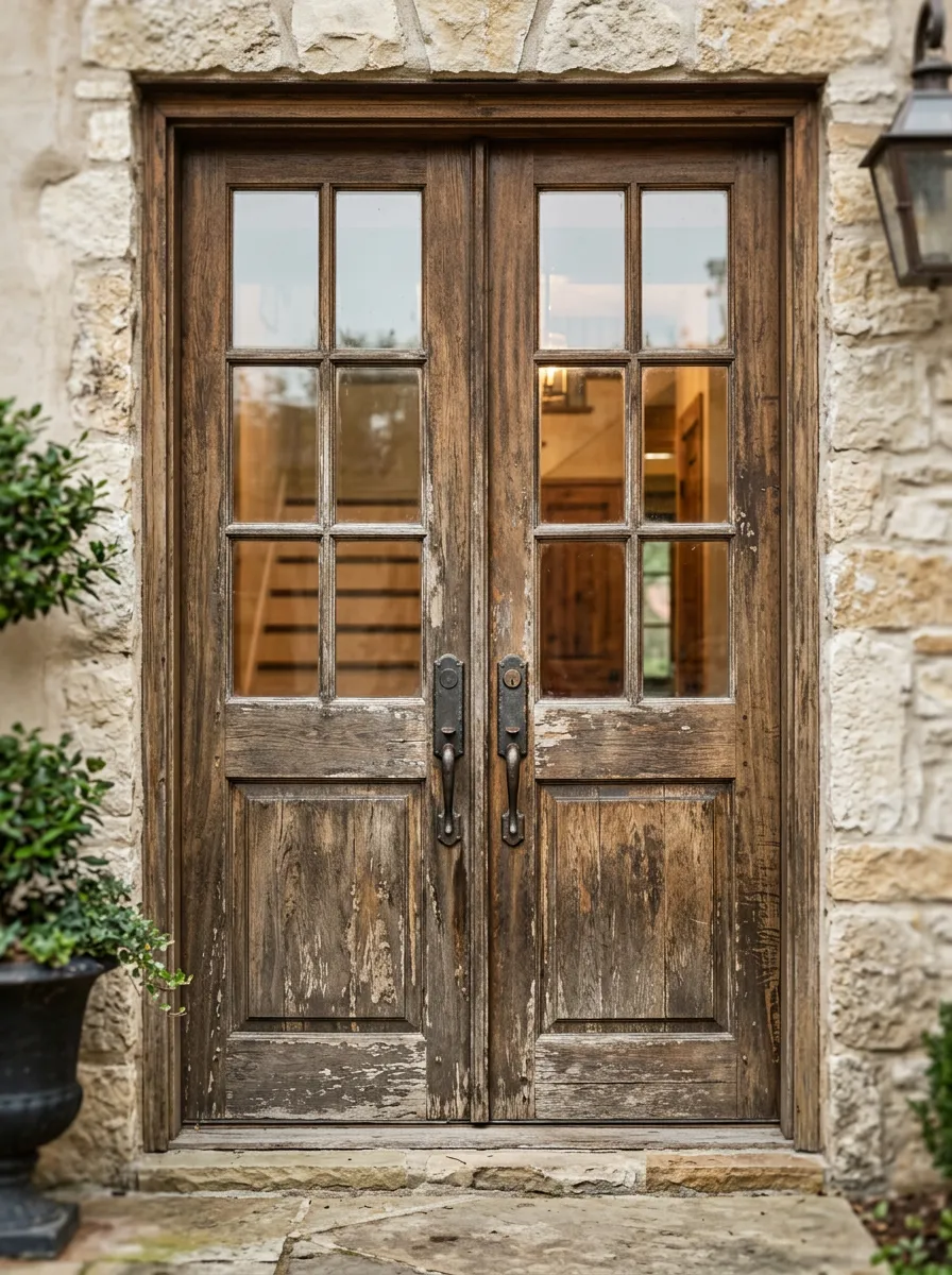 Weathered, worn wooden double doors with glass panels at the top.