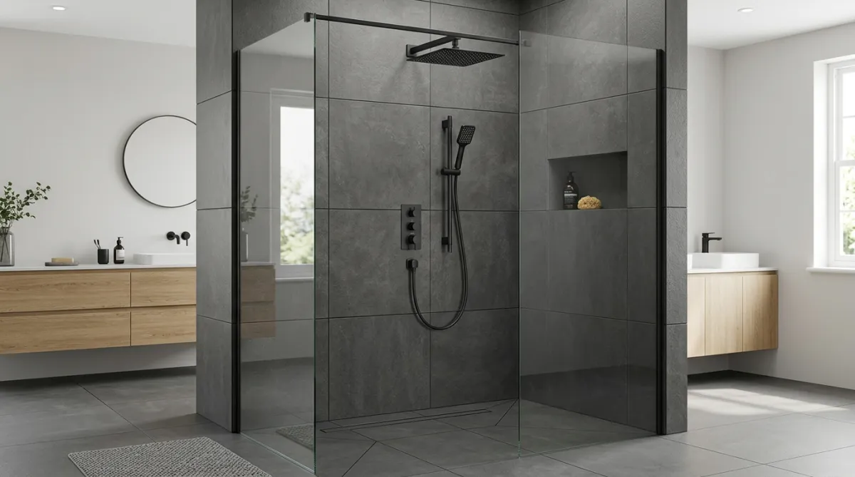 Walk-in shower with dark grey tiles, featuring a modern rain shower head and handheld wand system