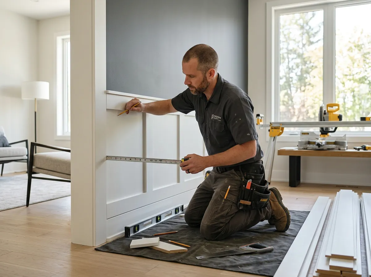 A man sitting on the floor measuring and installing white wainscoting panels on a wall.