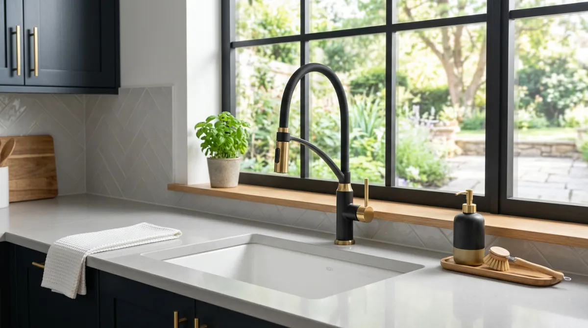 Modern black and gold kitchen faucet with a pull-down sprayer over a sink in front of a window
