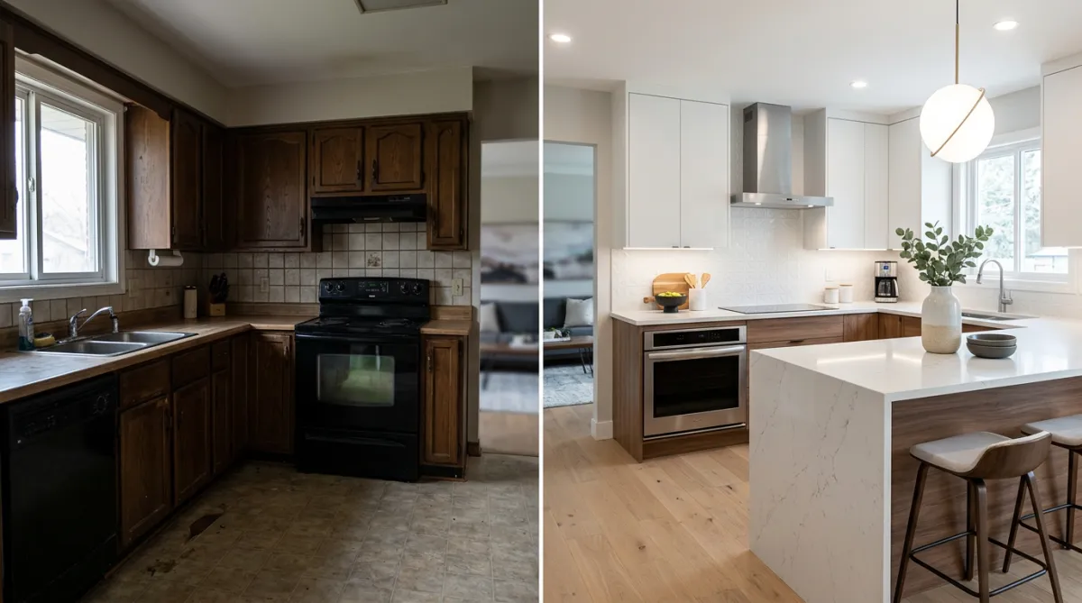 Side-by-side comparison of a kitchen before and after refinishing. Before: wood cabinets. After: white painted cabinets.