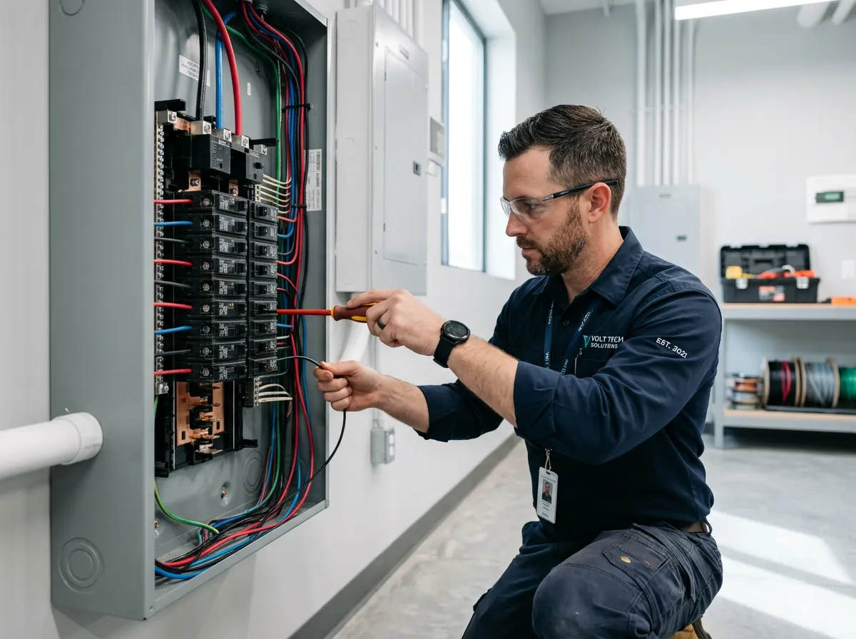 A man working on an open electrical breaker box.