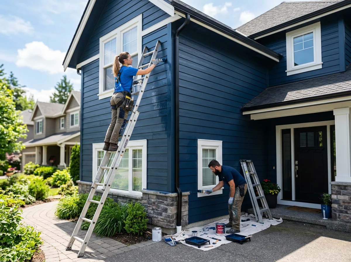 Painters working on the exterior of a dark blue house, one on a ladder.