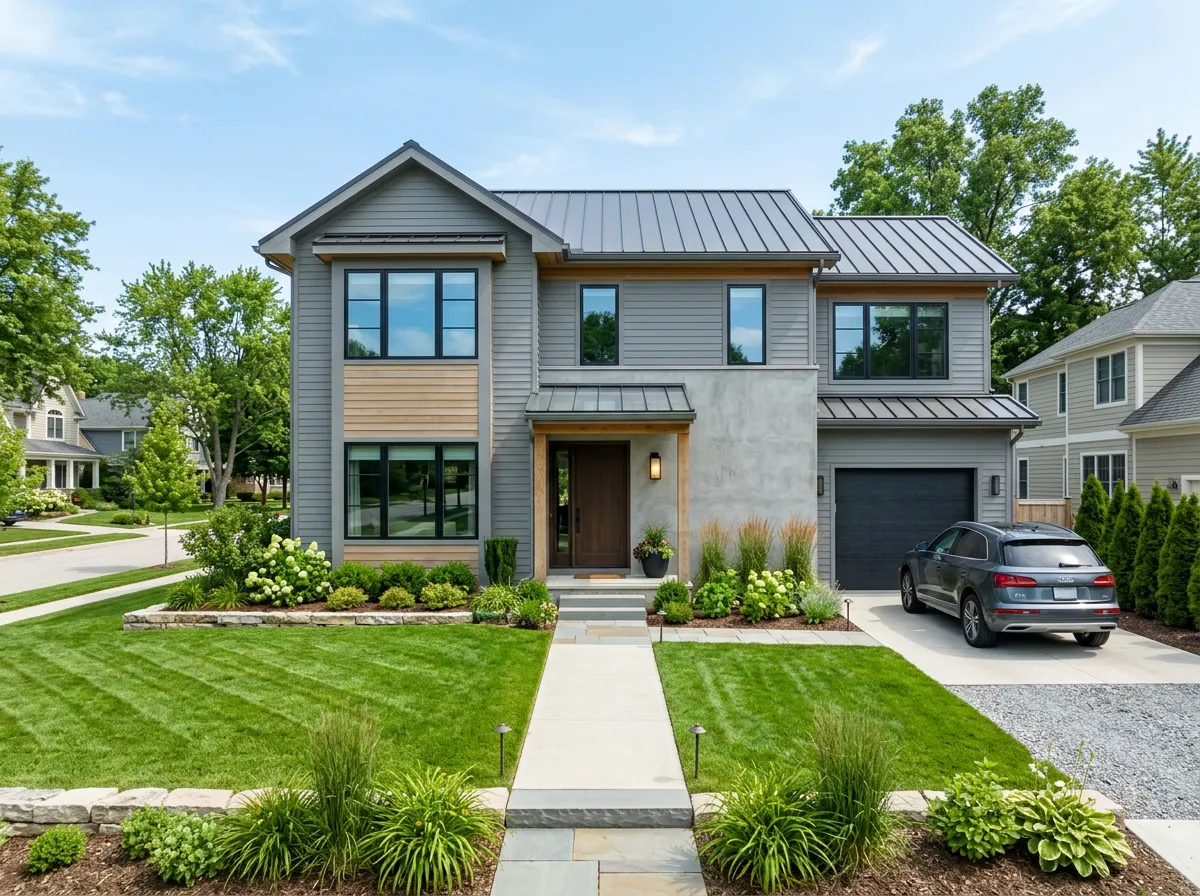 A view of the front of a grey house with a lawn.