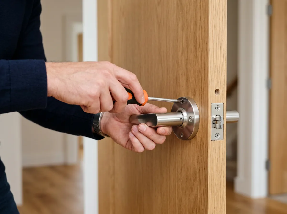Hands using tools to install or repair a silver doorknob mechanism on a wooden door.