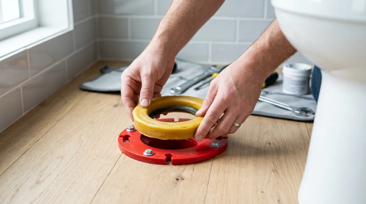 Close-up of hands placing a yellow wax ring onto a red toilet flange on a wooden floor