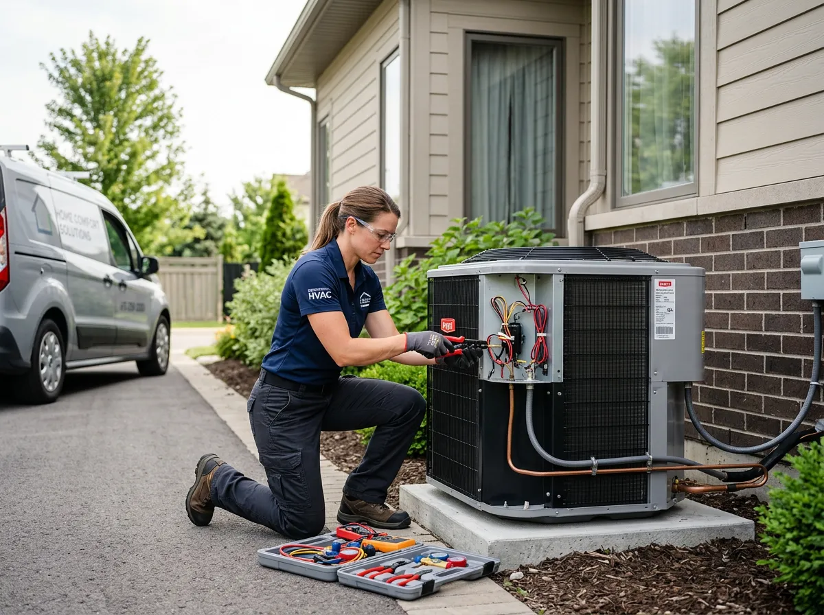 A technician kneeling outside a house, working on a large air conditioning condenser unit.