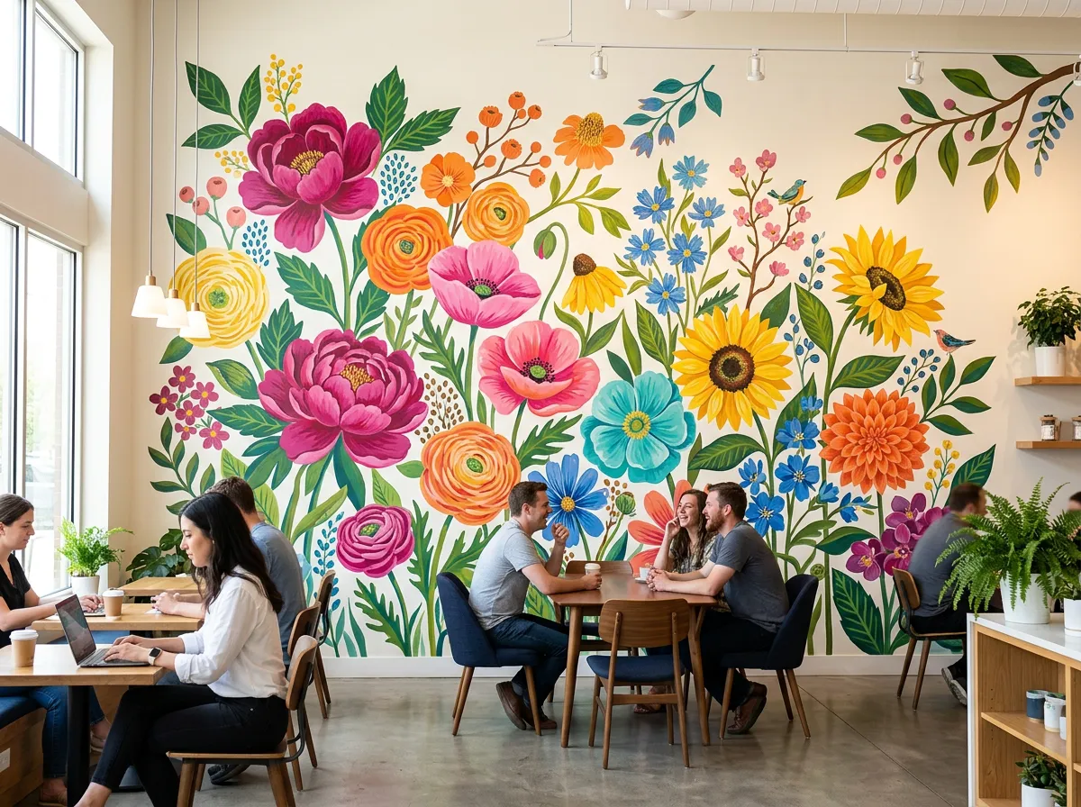 A large vibrant custom mural featuring bright flowers.