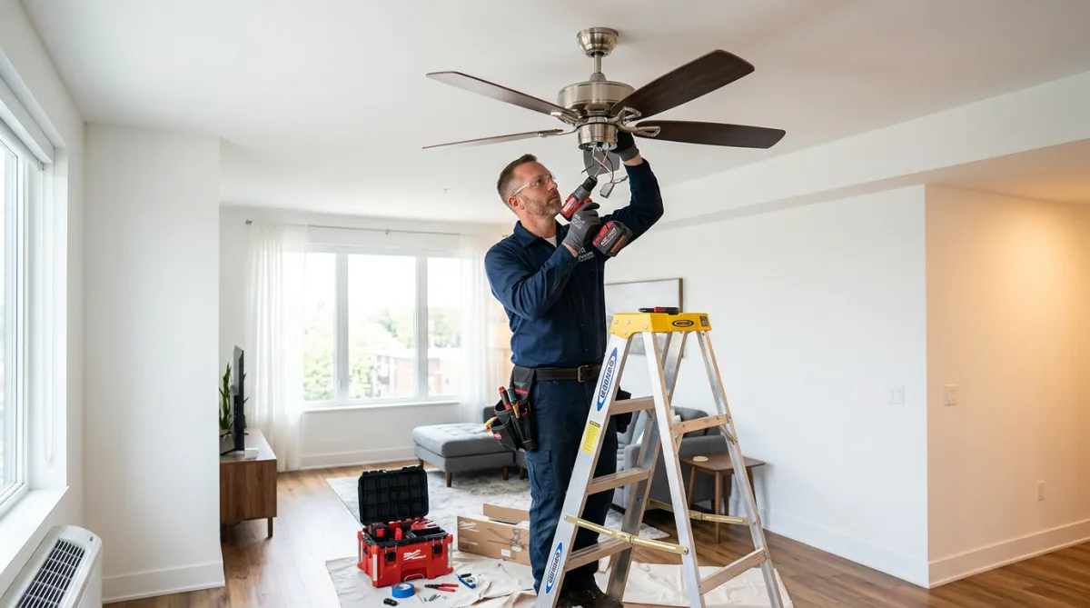 A man on a ladder installing a ceiling fan.
