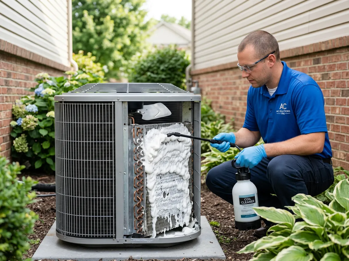 A technician spraying chemical cleaner onto the coils of an outdoor AC condenser unit, creating white foam. Text overlay says 'DEEP CLEAN!'.