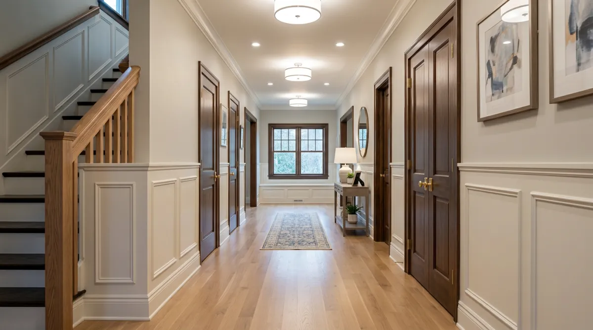 A hallway with wood floors and white wainscoting on the wall.