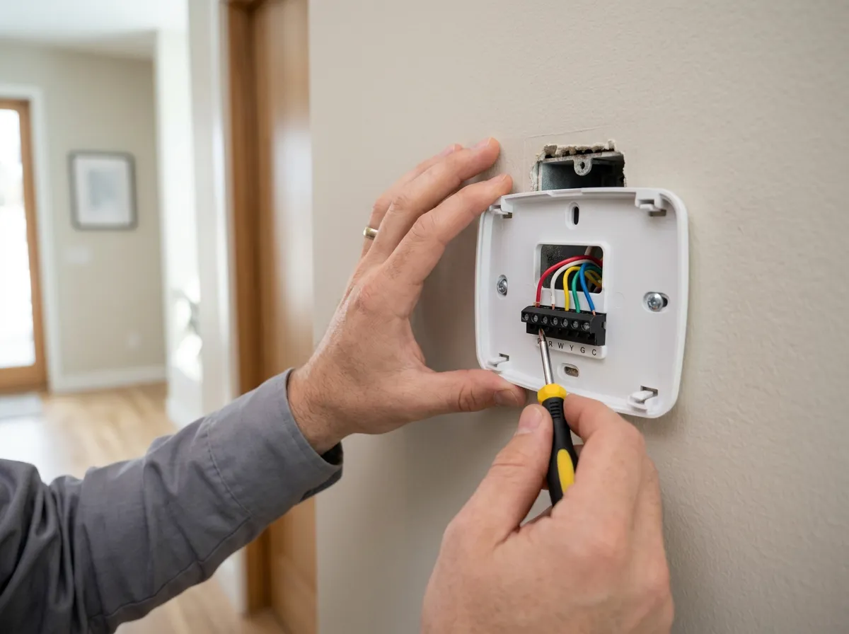Close up of hands installing a digital wall thermostat, showing colored wires attached to the backplate.