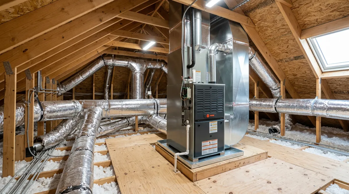 An attic installation showing a large metal furnace unit and insulated ductwork.