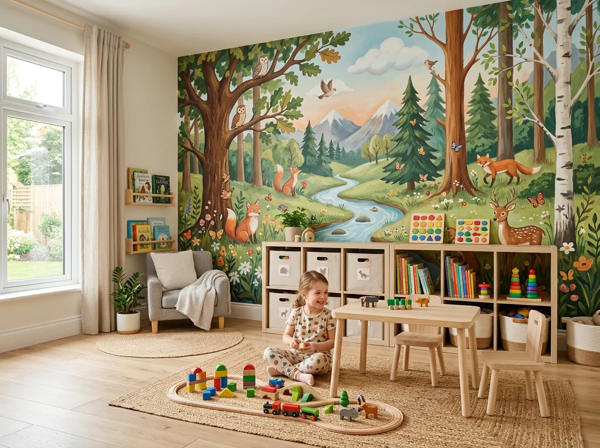 A kid's playroom with a nature-themed mural on the wall.