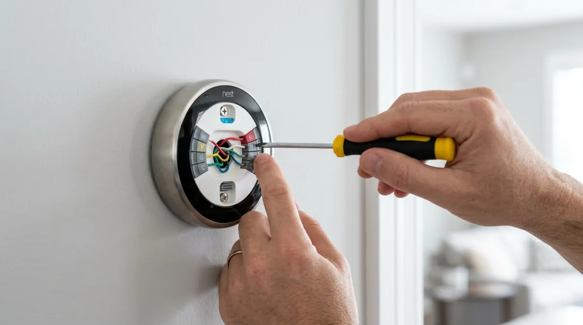 Close up of hands wiring a digital thermostat.