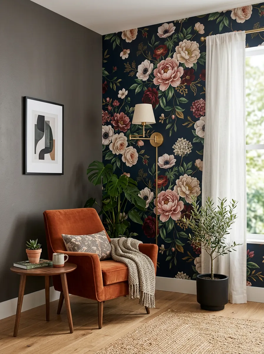 A room corner featuring a wall painted with a floral design on a dark background.
