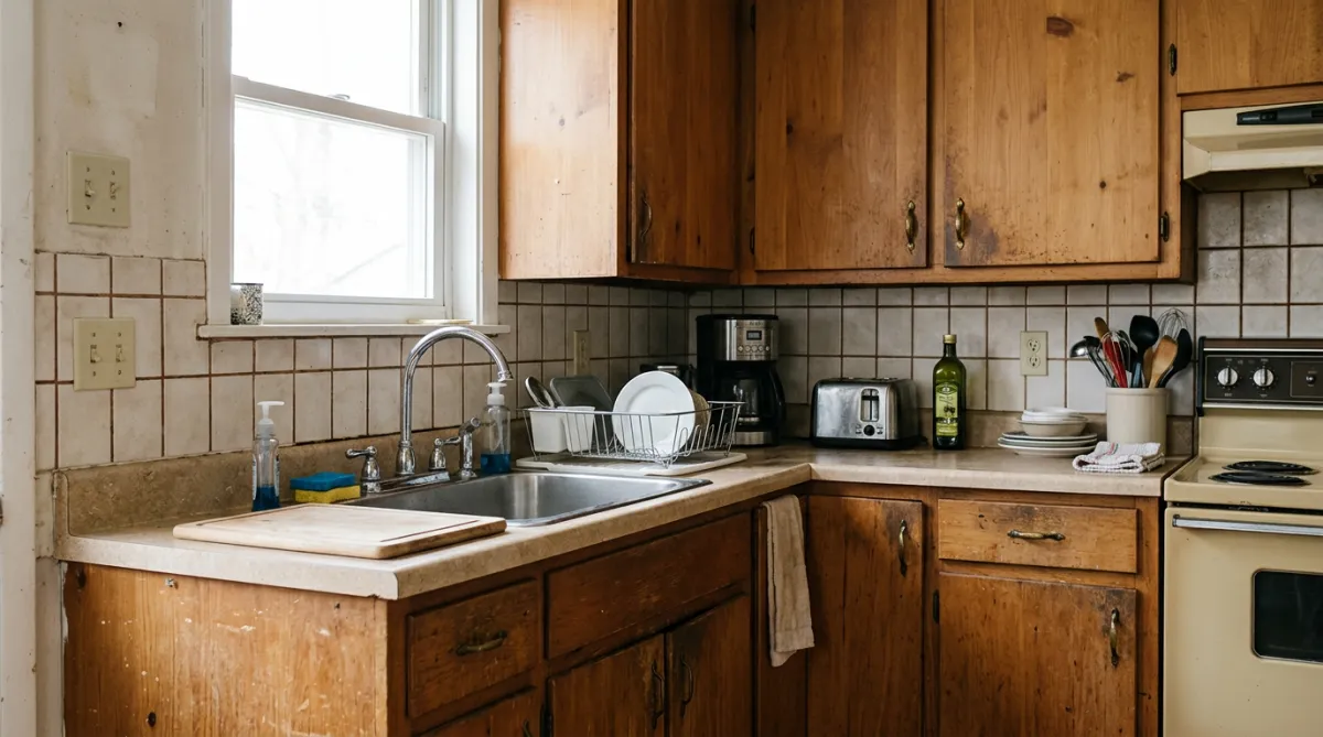 A wider kitchen shot showing wood cabinets before refinishing with BEFORE text overlay.