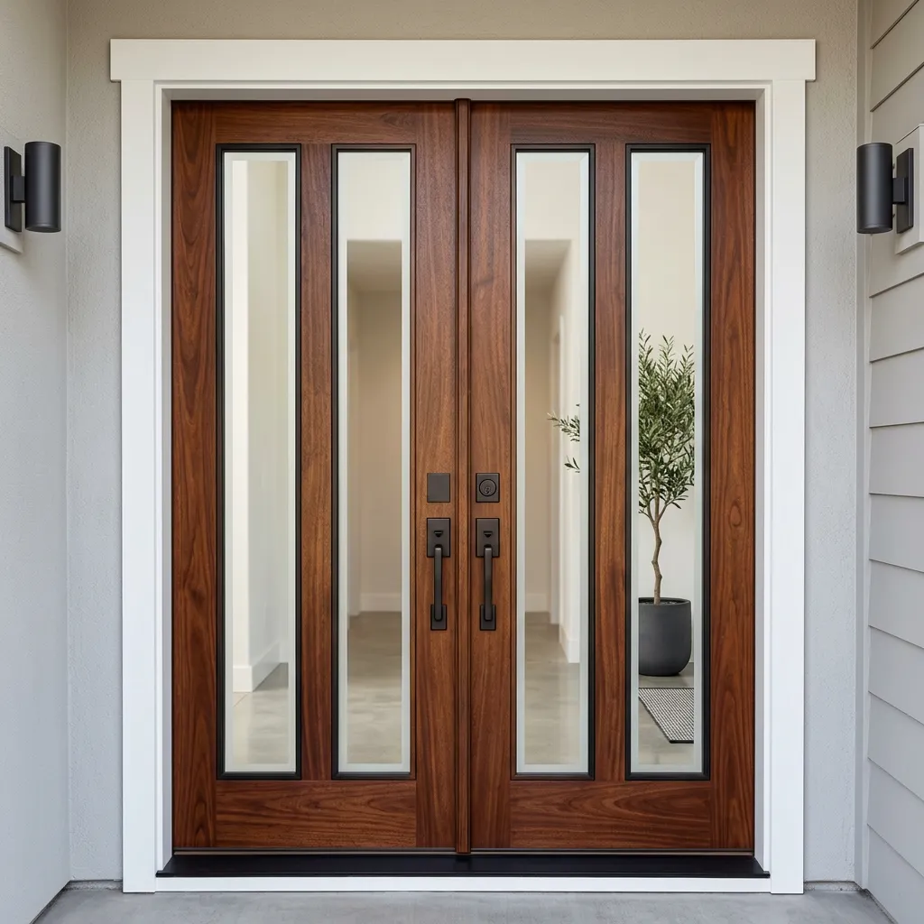 The same double wooden doors, beautifully refinished, stained, and looking new.