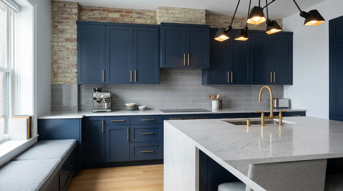 The same wider kitchen shot showing white painted cabinets after refinishing with AFTER text overlay.