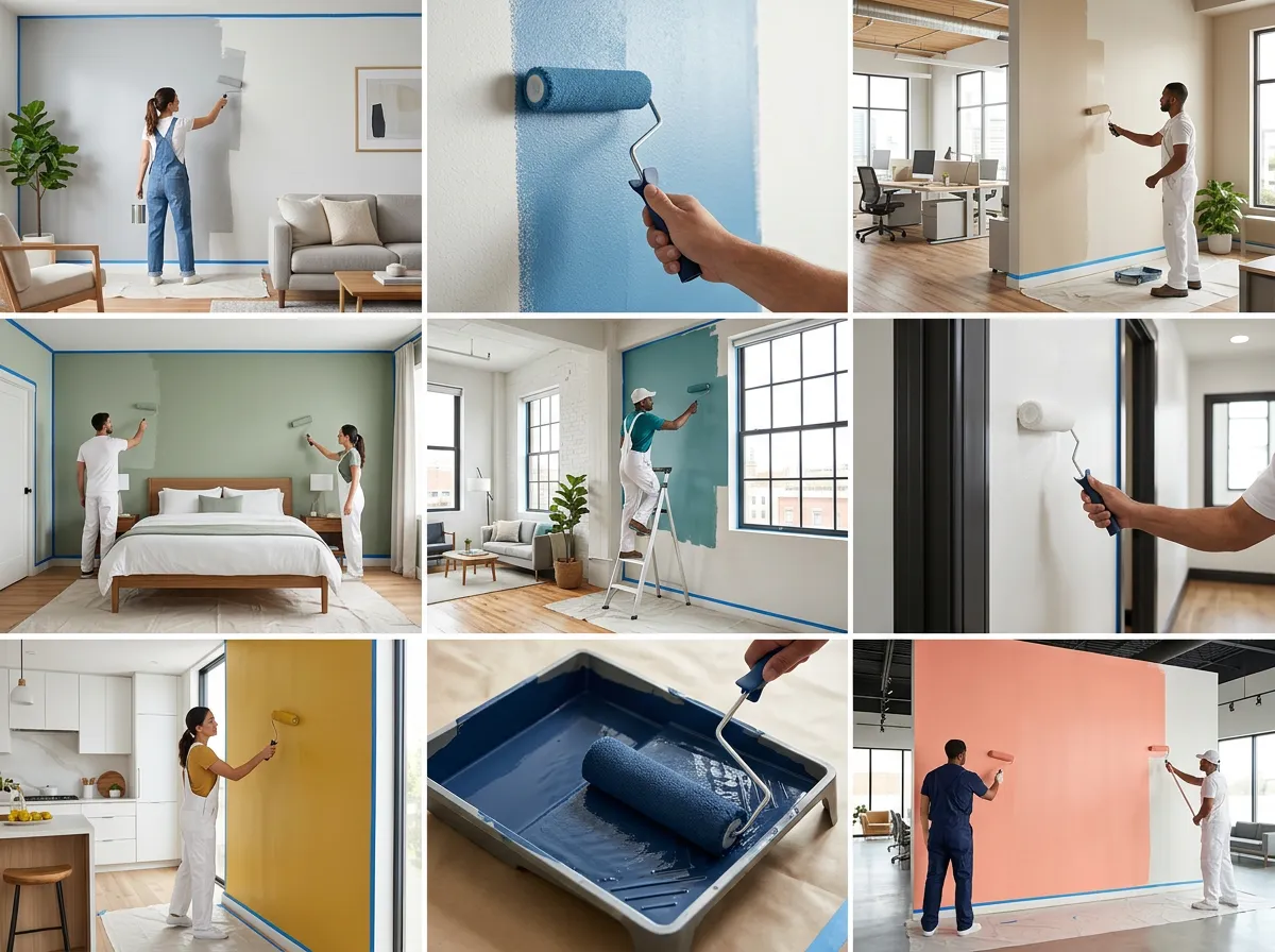 Interior painting collage, showing painters rolling paint on walls.