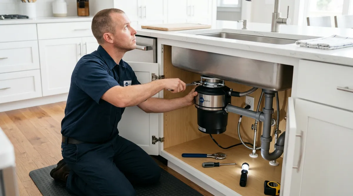 A person installing a garbage disposal under a sink.