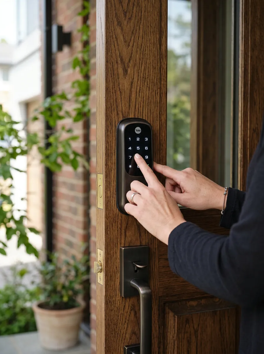 Hands operating a newly installed smart lock with a keypad on a wooden front door.
