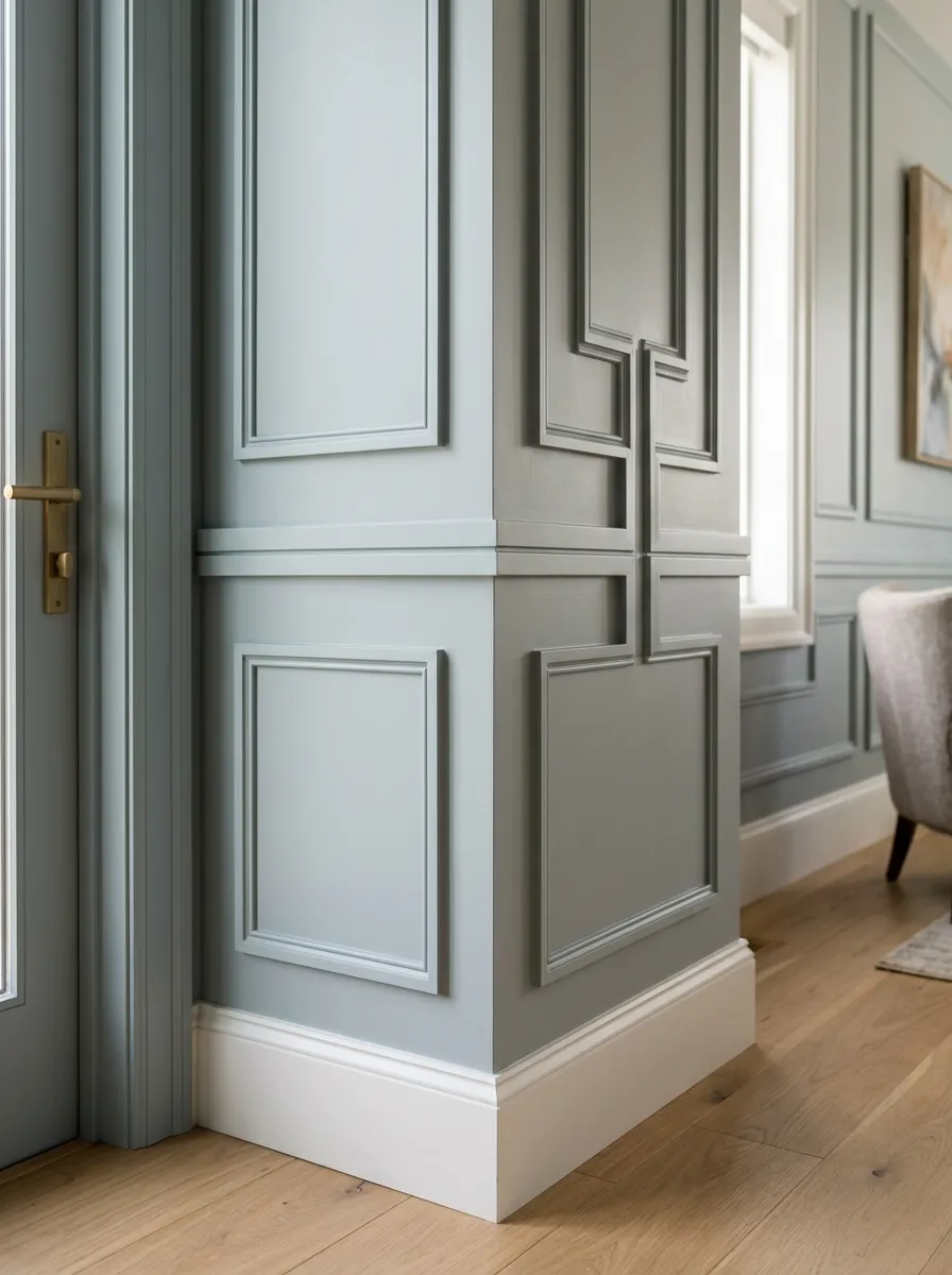 A small bathroom with dark blue upper walls, white wainscoting on the lower half, and a white pedestal sink.