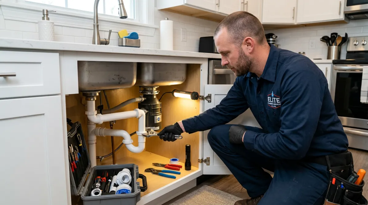 Plumber lifting a white toilet bowl to install it on a tiled bathroom floor