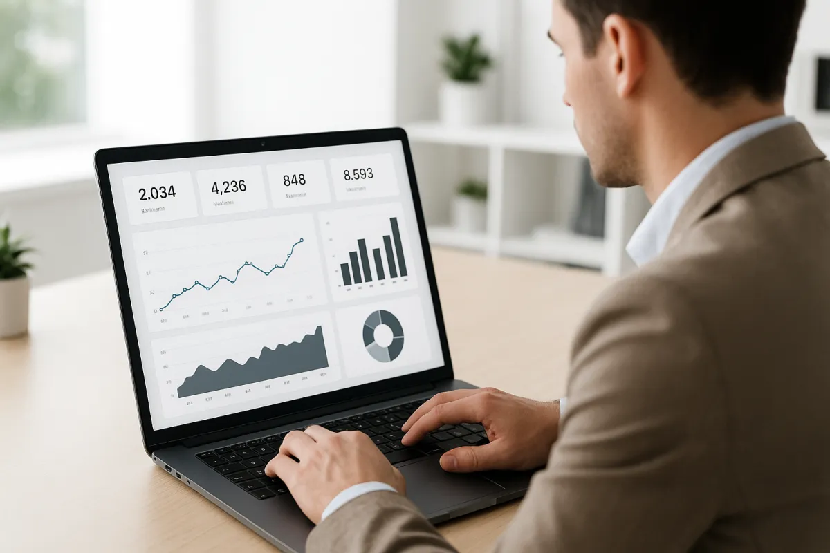 Marketer reviewing a clear dashboard on a laptop in a bright modern workspace