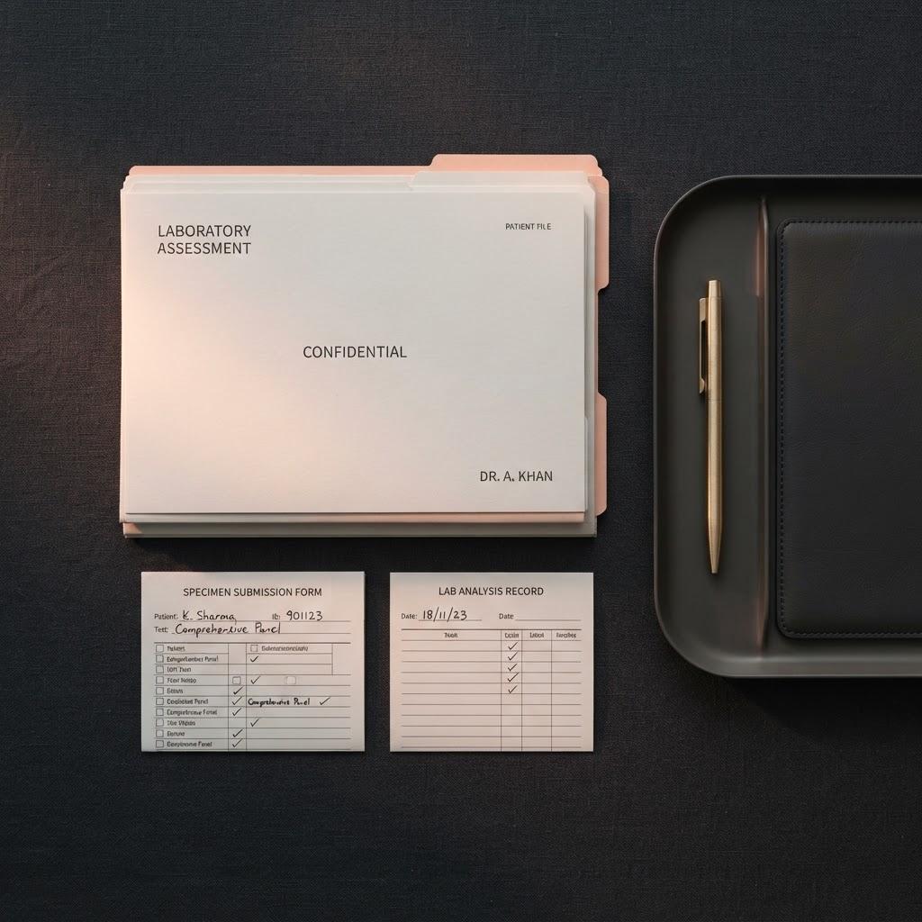Clinical hormone and metabolic biomarker laboratory diagnostic panel documentation on a minimalist medical tray