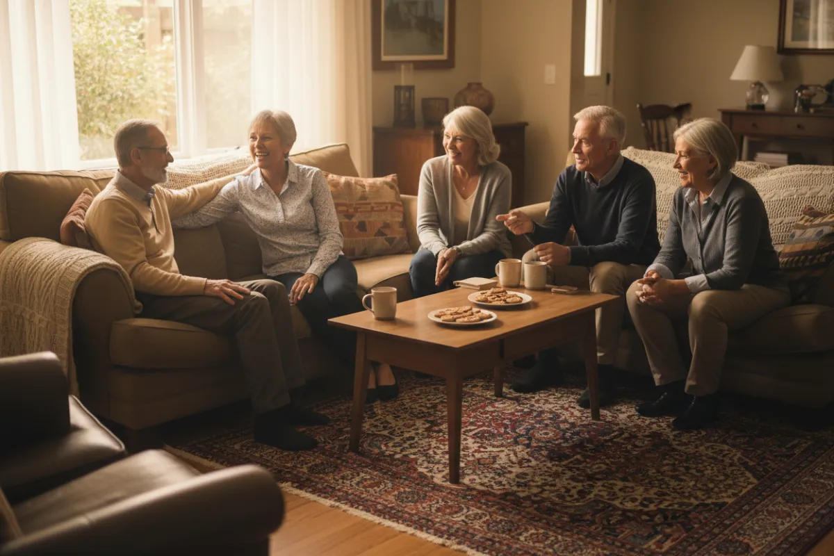A diverse group of older adults, men and women aged 50-70, gathered in a cozy living room, sharing smiles and gentle conversation, with warm natural light and soft, inviting decor.