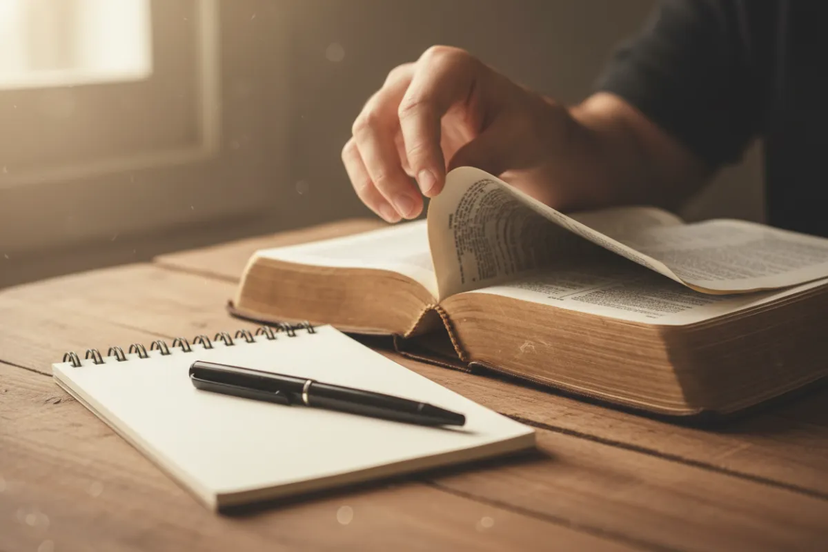 A close-up of a hand gently turning the page of a well-worn Bible, with a notebook and pen nearby on a wooden table, bathed in soft morning light, evoking personal study and reflection.