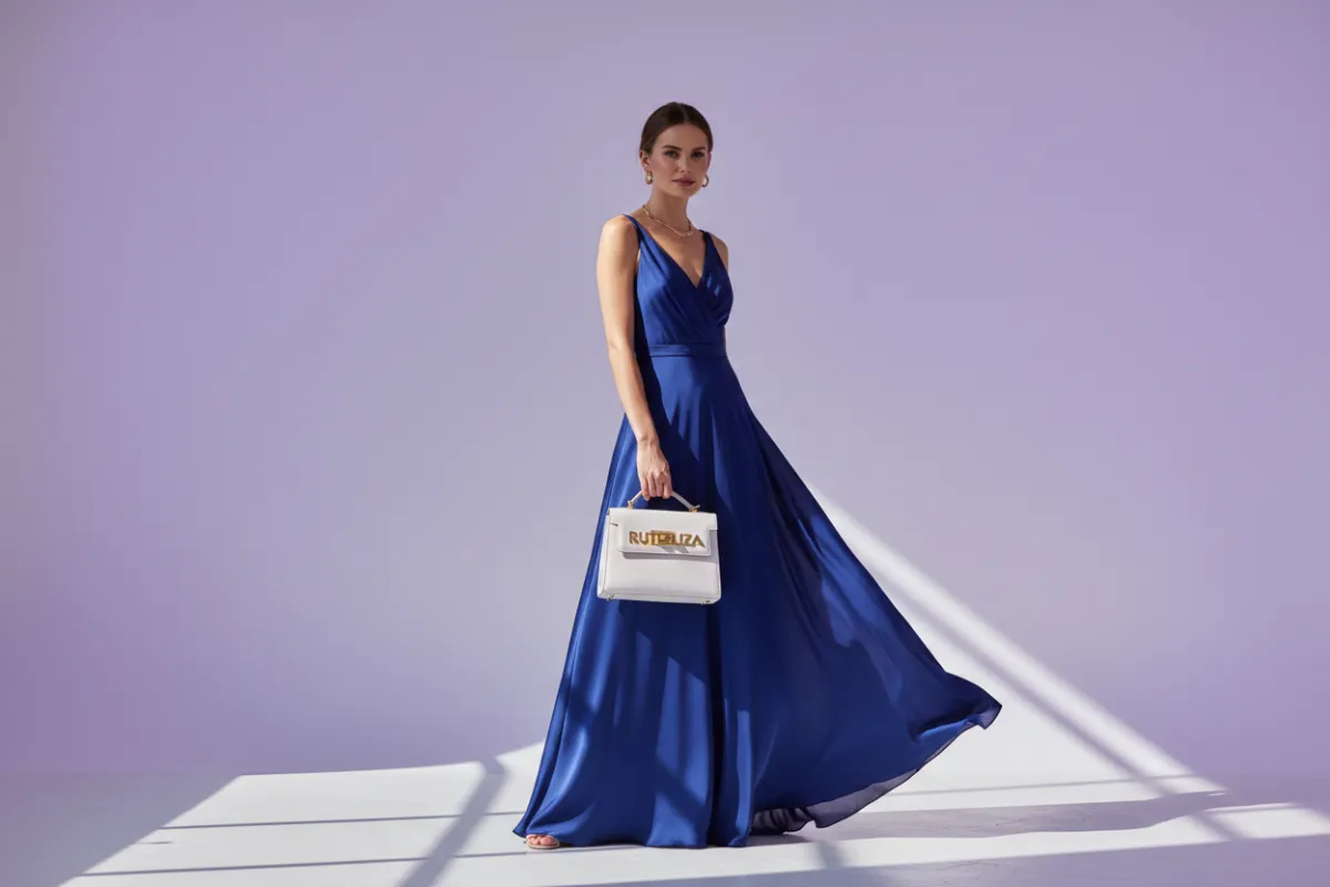 A confident, stylish woman in her early 30s stands in a sunlit, minimalist studio, wearing a flowing silk dress and holding a gold-accented RUTHELIZA handbag. The background features a soft purple-to-white gradient, evoking luxury and modernity. The composition is editorial, with elegant posture and subtle shadowing.