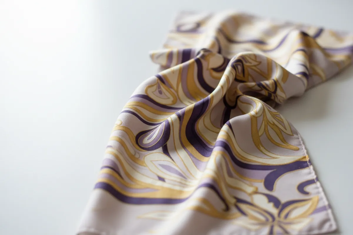 Delicate silk scarf with abstract gold and purple pattern, draped on white, soft focus
