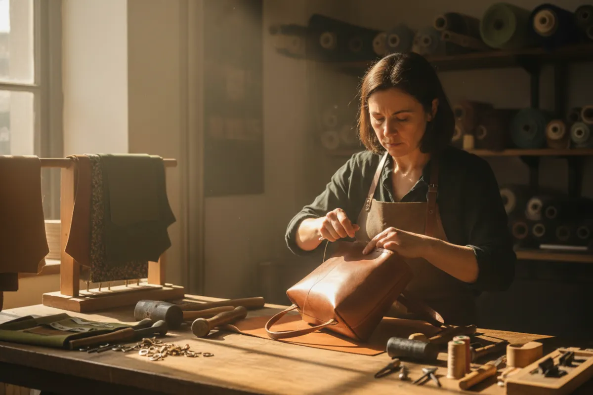 A behind-the-scenes look at a female artisan in her 40s, hand-stitching a leather handbag in a sunlit atelier. The workspace is filled with tools and fabric swatches, conveying dedication and tradition. The image is candid, warm, and documentary in style, highlighting craftsmanship.