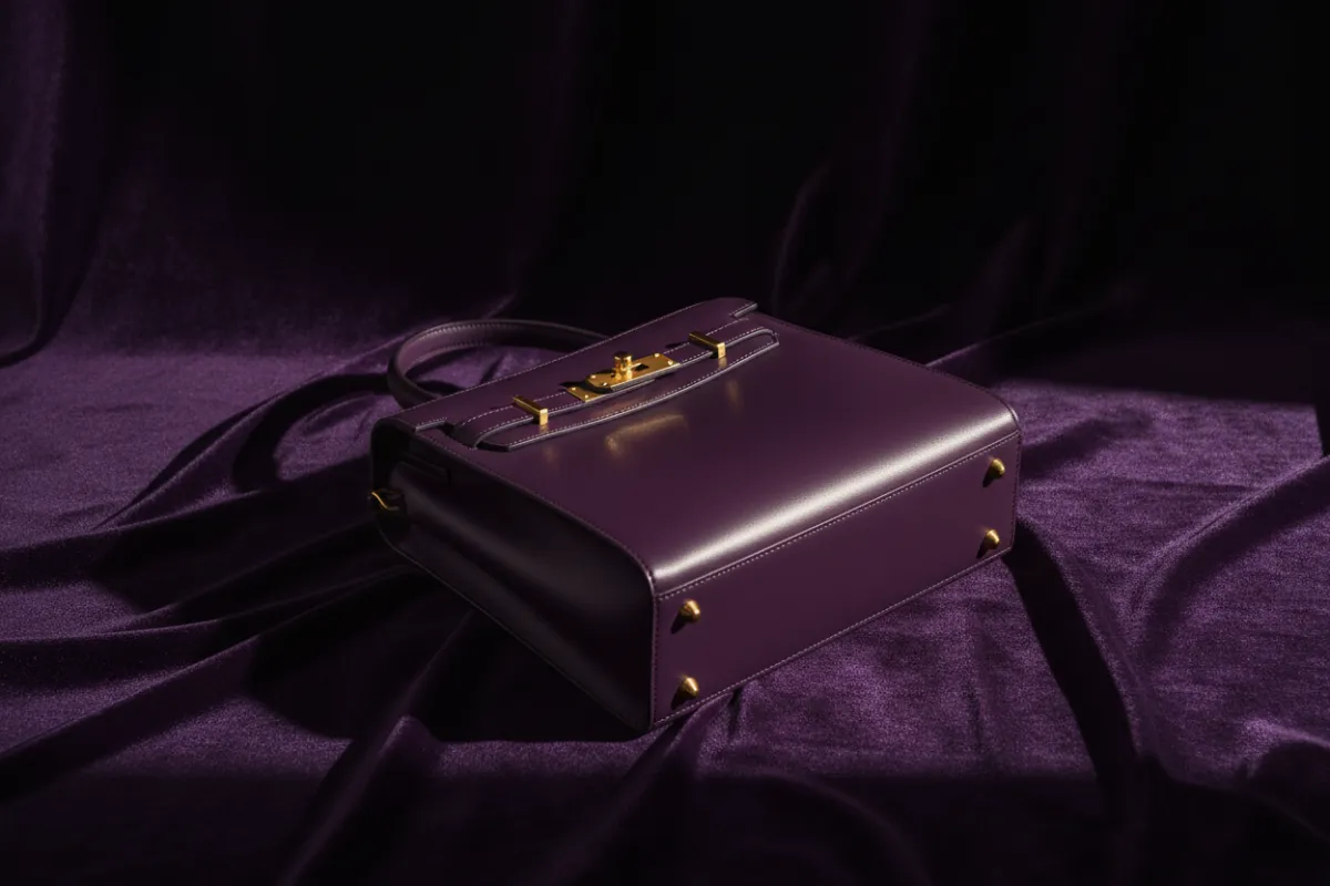 Structured purple leather tote with gold hardware, on velvet, editorial lighting