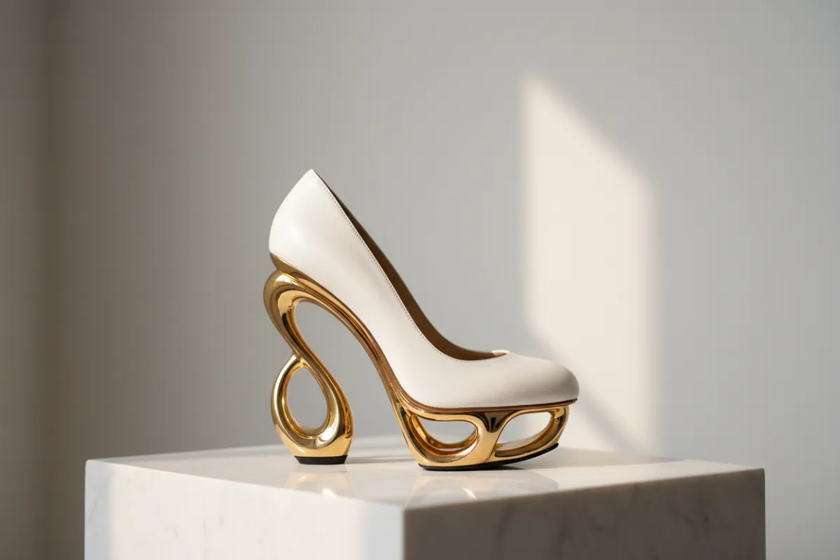 Sculpted gold-heeled stiletto on marble, soft light, luxury focus