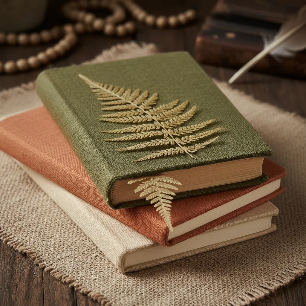 Stacked notebooks with cloth binding and leaf marker