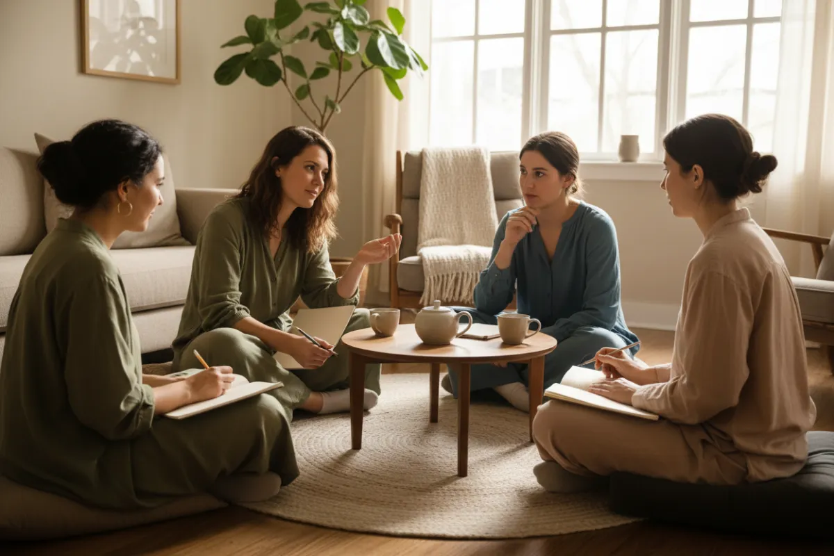 Small group in a sunlit living room circle, representing 1:1 mentoring and intimate guidance.