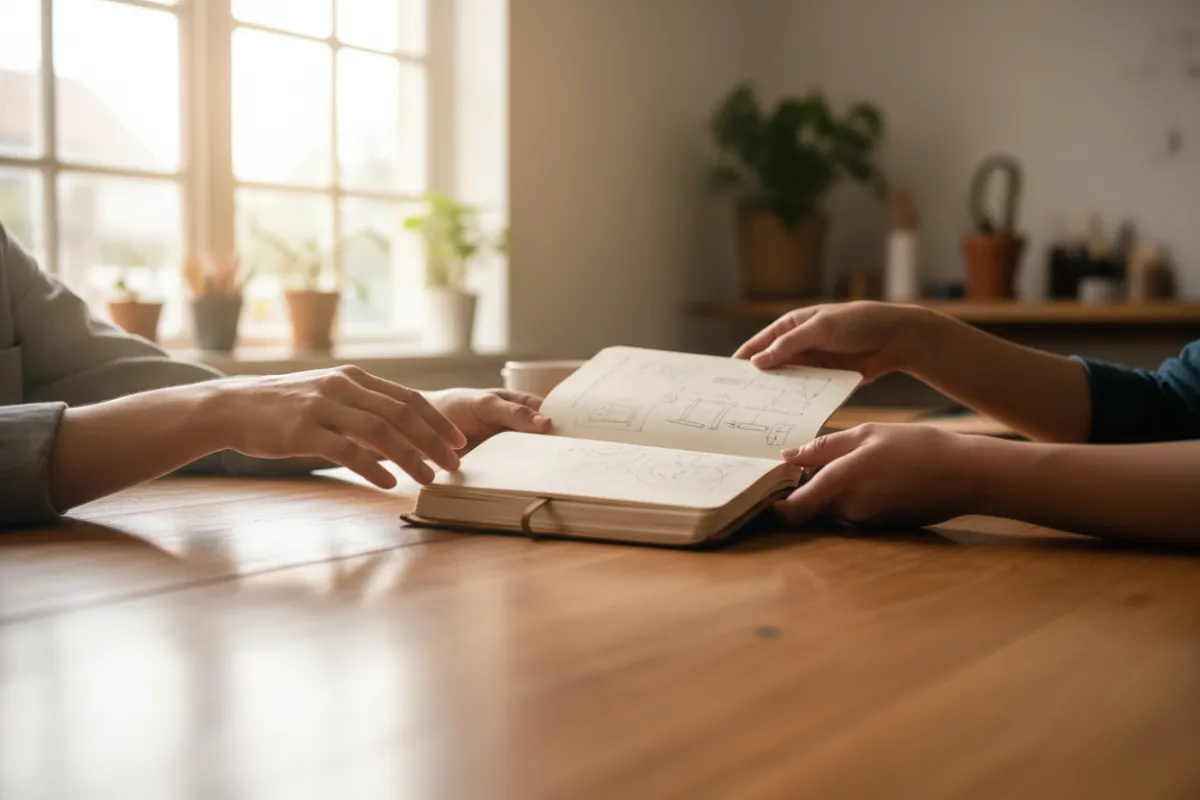 Three hands passing a notebook across a warm wooden table, suggesting collaborative workshops.