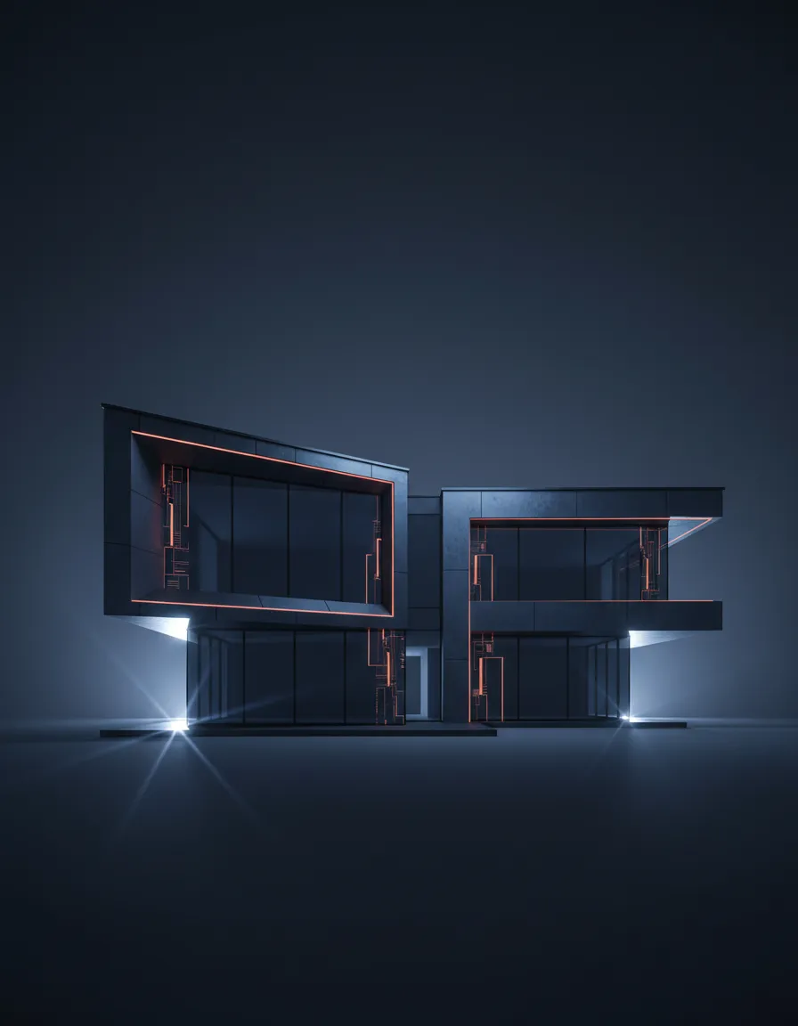 High-contrast architectural real estate building with a subtle blue wash