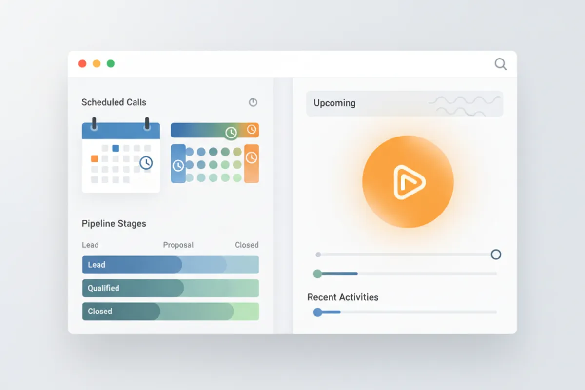 Desktop dashboard preview showing scheduled calls, pipeline stages and a highlighted demo booking button.