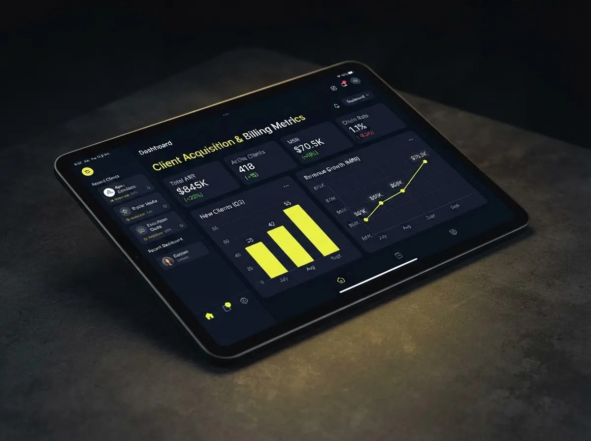 Dashboard de captación y métricas de facturación de coaching en una tablet profesional
