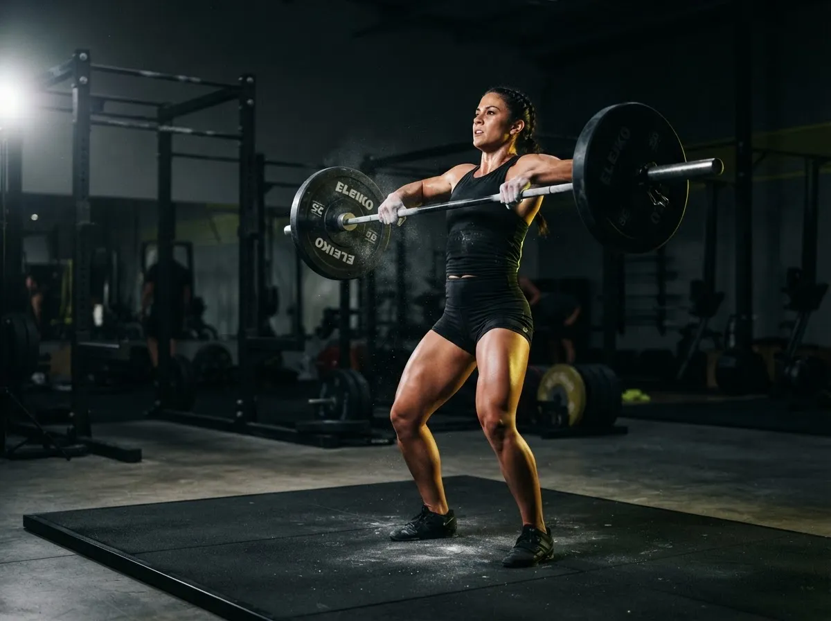 Atleta ejecutando levantamiento técnico en un gimnasio de alto rendimiento con iluminación dramática