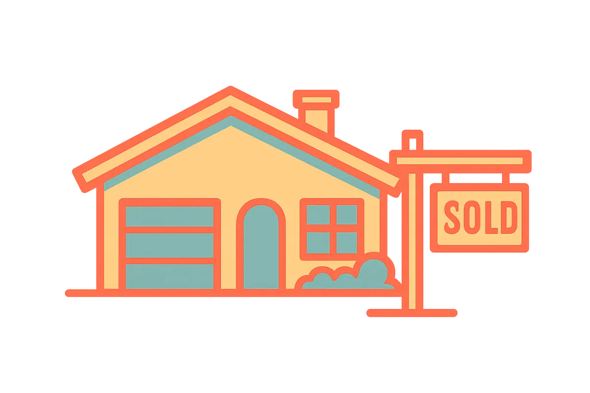 Stylized mid-century home with SOLD sign in retro flat vector style