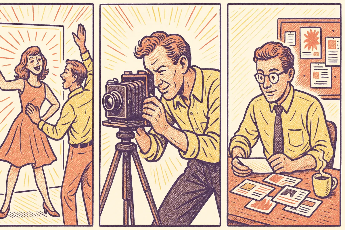 Three-panel retro illustration: staging scene, vintage camera photographer, and marketer with postcards and ads.