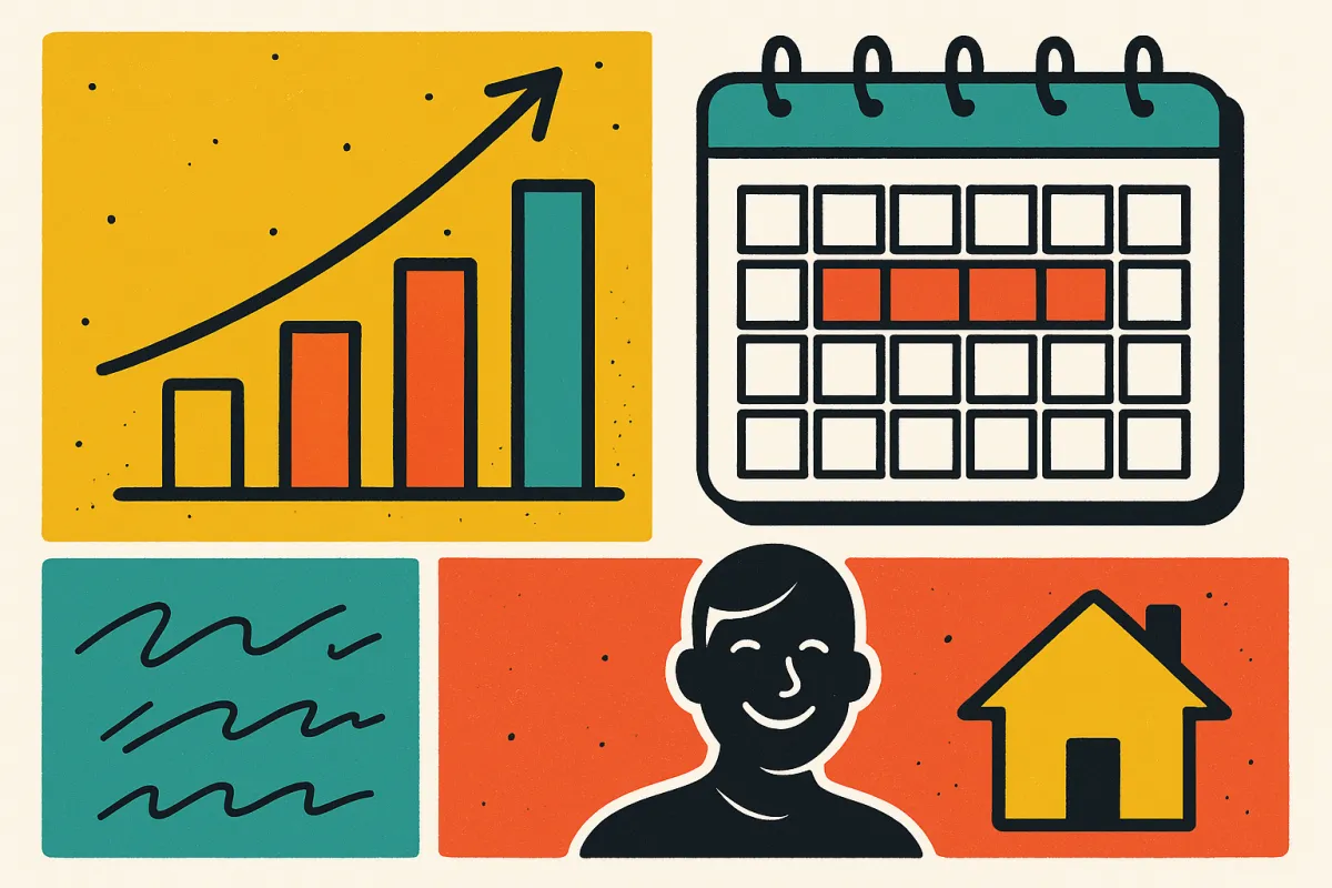 Playful infographic-style illustration showing a rising profit bar, calendar with two-week highlight, and a smiling homeowner silhouette; pop-retro color blocks and hand-drawn accents, flat vectors, clear data visual tone.