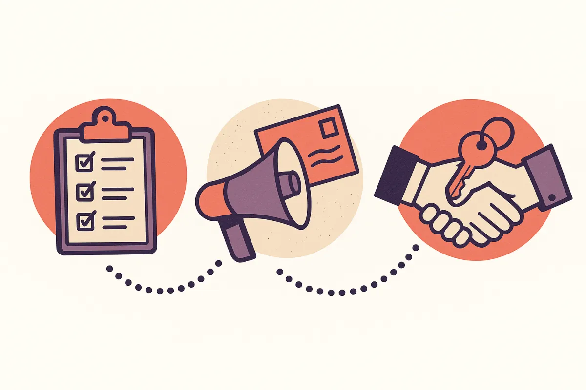 Three-step process illustration showing consult, market, and close timeline in mid-century style